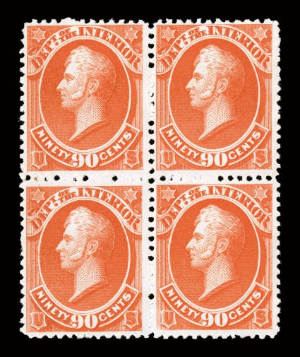O24, 90c Interior, fresh mint block of four, each stamp with deep intense color and impression, o.g., n.h., fine-very fine quite scarce as a block of four, catalogued as n.h.
singles.