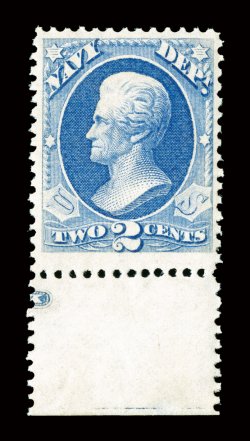 O36, 2c Navy, bottom sheet-margin single, exceptionally bright and fresh, nicely centered, o.g., never hinged, very fine photocopy of a 2007 PSE certificate for the block of
fifteen from which this came, and a 2008 PSE certificate for the singl