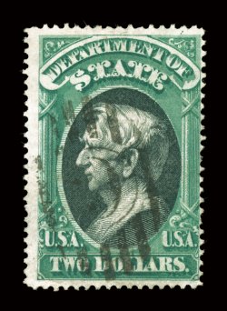 O68, $2.00 State, elusive used example of this higher value, strong colors and sharp impressions, neat numeral 6 in oval grid postmark, fine and actually significantly scarcer
used than mint.