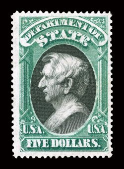 O69, $5.00 State, nicely centered within unusually large margins, strong color and a highly detailed impression on fresh paper, full but redistributed o.g., very fine 1992 PF
certificate.