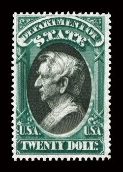 O71, $20.00 State, a wonderfully fresh and choice mint example of this rare State Department high value, being among the very few that exist still retaining its full original
gum and being completely sound, strikingly intense colors and prooflik