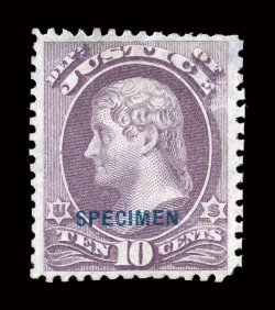 O29S, 10c Justice, with Specimen overprint, exceptionally well centered, bright color on fresh paper, extremely fine an uncommonly select example of this rare special
printing, with only 163 sold 2004 PF certificate.