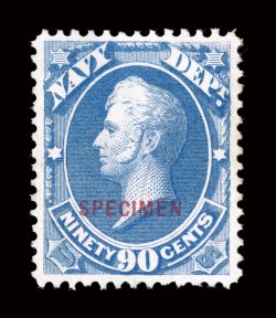O45S, 90c Navy, with Specimen overprint, a remarkably fresh and choice example, featuring beautiful rich color and a sharp impression on pristine white paper, plus it is
exceedingly well centered within large margins, extremely fine among th