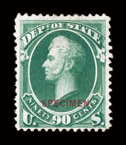 O57S-60S, 62S-67S, 1c-90c State, with Specimen overprints, complete less the 7c value, strong colors, a few minor imperfections but generally fine quite rare, as only 245 of
the 90c value were sold.