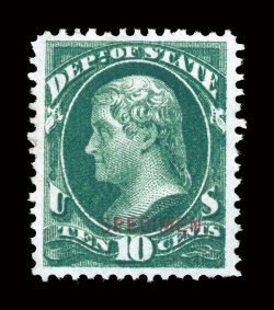 O62S, 10c State with Specimen overprint, unusually well centered within particularly wide margins, strong color and impression on fresh paper, extremely fine one of the finest
of the 346 sold 2005 PF certificate.