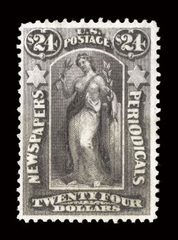 PR29, $24.00 Dark gray violet, fresh color, nicely centered and margined, o.g., just a small bit of h.r., otherwise lightly hinged, a very fine example of this rare newspaper
stamp 2004 PF certificate.