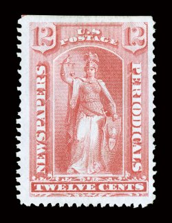 PR40, 12c Rose special printing, without gum as issued, well centered within unusually large margins, natural s.e. at top, lovely bright color, very fine 2001 PF
certificate.