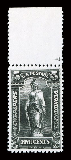 PR104, 5c Black, wide top sheet-margin single with small part imprint, wonderfully well centered, strong rich color and a highly detailed impression, o.g., lightly hinged,
extremely fine 2005 PF certificate.