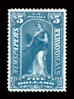 PR109, $5.00 Ultramarine, an impressive quality mint example of this very scarce newspaper stamp, well centered within large margins, deep luxuriant color and impression on
fresh paper, full clean o.g., lightly hinged, very fine and choice a tr