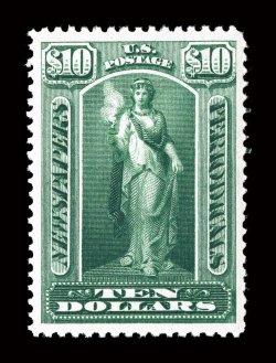 PR122, $10.00 Green, well centered, deeply rich color and a strong detailed impression, o.g., n.h., extremely fine 2003 PSE certificate for a block of four, this being the
bottom right stamp, and a 2005 PSE certificate for the single (XF 90 SM
