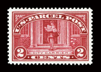Q2, 2c Parcel Post, an eye-catching jumbo-margined mint single, with huge perfectly balanced margins all around, deep fiery color and a well incised impression, immaculate
o.g., n.h., extremely fine a most impressive gem 2007 PSE certificate