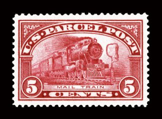 Q5, 5c Parcel Post, a striking jumbo-margined mint single, possessing margins of exceptional size and being wonderfully well centered amid them, strong rich color and
impression, o.g., n.h., extremely fine gem 1996 PF certificate and a 2006 PSE