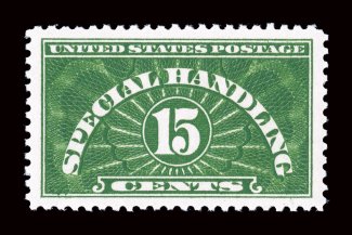 QE2, 15c Special Handling, wet printing, gem mint single, perfectly centered within large margins, deep intense color and impression on fresh white paper, pristine o.g., n.h.,
extremely fine 2008 PSE certificate (Superb 98 SMQ $155.00) the