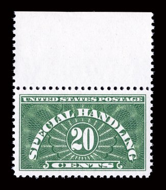 QE3, 20c Special Handling, wet printing, top sheet-margin single, perfectly centered within extravagantly large margins, brilliantly rich color on pristine white paper, o.g.,
n.h., extremely fine gem 2007 PSE certificate as the old QE3a listin