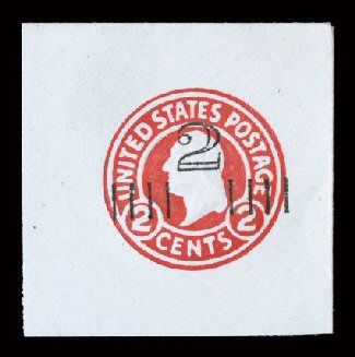 U457, 2c on 2c Carmine on blue, die 6, fresh mint cut square, full corner measuring a balanced 43x43mm, extremely fine ex-Barkhausen.