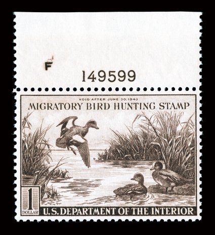 RW9, 1942 $1.00 Violet brown, choice quality top margin plate no. F149599 single, extraordinarily well centered, strong rich color, o.g., n.h., without a single bend or skip,
extremely fine.