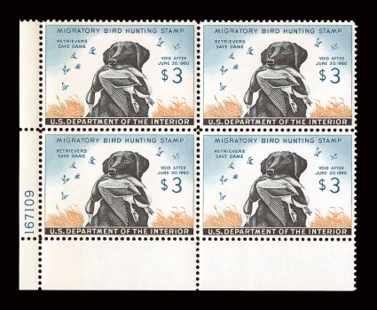 RW26, 1959 $3.00 Blue, ocher and black, bottom left corner plate no. 167109 block of four, choice centering, strong colors, o.g., n.h., extremely fine.