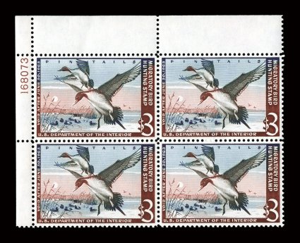 RW29, 1962 $3.00 Multicolored, top left corner plate no. 168073 block of four, exceptional centering, rich colors, o.g., n.h., choice very fine.