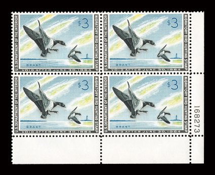 RW30, 1963 $3.00 Multicolored, bottom right corner plate no. 168273 block of four, excellent centering, fresh colors, o.g., n.h., extremely fine.