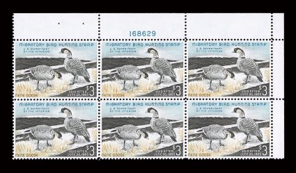 RW31, 1964 $3.00 Multicolored, top right corner margin plate no. 168629 block of six, remarkably well centered throughout, fresh and intact, o.g., n.h., extremely fine an
especially choice example of this key Hunting Permit plate block.