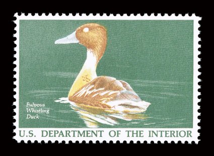 RW53a, 1986 $7.50 Hunting Permit, black omitted, a premium mint example of this striking missing color error, well centered and margined, o.g., n.h., extremely fine only 62
examples have been recorded of this popular and rare error.