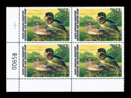 South Carolina 1-2, 1981 and 1982 Hunting Permits, single and plate number block of four of each, quite fresh, o.g., n.h., very fine-extremely fine unpriced as plate blocks,
cataloged as singles.