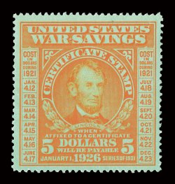 WS6, $5.00 Orange on green, impressive mint single of this rare stamp, extraordinarily well centered within large margins, strong rich color, o.g., lightly hinged, small
natural inclusion at top, extremely fine.