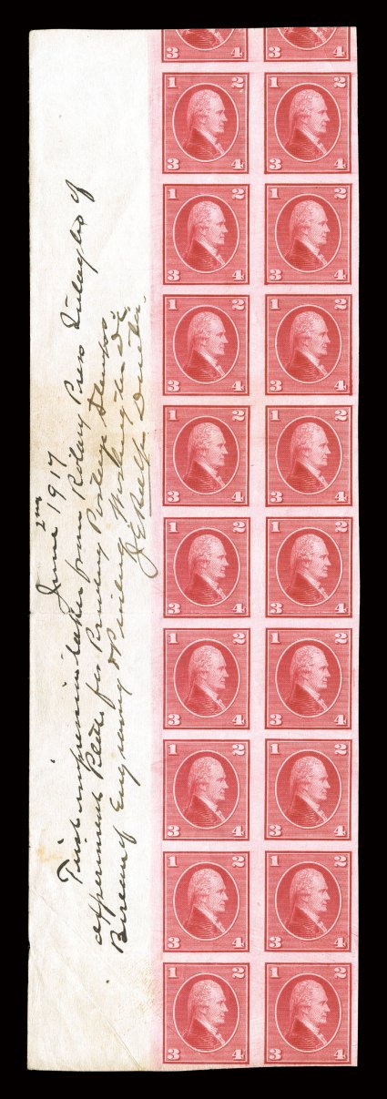 TD19, Red testing stamp, imperforate, left sheet-margin block of eighteen (2x9), with a portion of the adjoining stamps at top, bright color, with ms. note in margin dated
June 2, 1917 First impression taken from Rotary Press Intaglio of experi