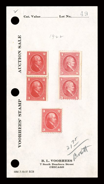 TD21, TD22, Deep red testing stamp, perf. 12 and perf. 12 horizontally, the coil is in a vertical pair (rejoined perfs., s.e. at bottom) with a diagonal crease, TD22 is a
single without gum (s.e. at top), these are still hinged to the original