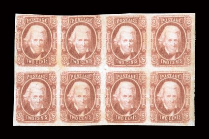 8, 2c Red brown, mint block of eight (4x2), mostly large margins all around, strong rich color, o.g., never hinged, very fine-extremely fine 2007 PF certificate cataloged as
two hinged blocks of four.