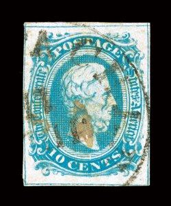 10, 10c Blue Frame Line, complete frame lines all around, which is a very rare occurrence of this stamp, especially bright color and a crisp detailed impression, town c.d.s.
postmark, light horizontal crease, very fine appearance signed Dietz