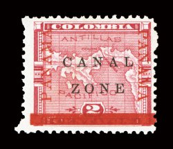 11b, 2c Rose, Panama overprints and bar inverted, deeply rich color, fresh o.g., trivial h.r., fine the number issued is put at 200, however Plass notes that only 35 examples
have been recorded 1990 PF certificate.