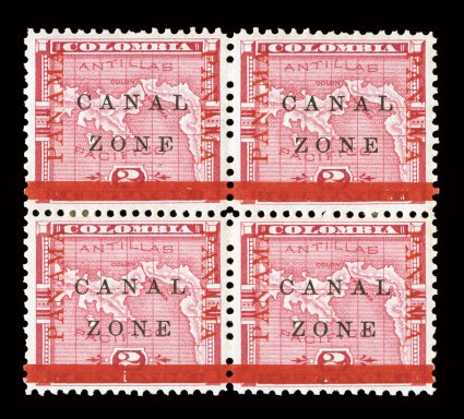 11b, 2c Rose, Panama overprints and bar inverted, very rare block of four, well centered, strong color, o.g., h.r.s, very fine only a tiny number of blocks can possibly exist
1990 PF certificate.