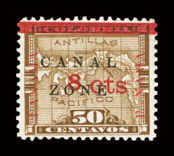 15, 8c on 50c Bister brown, 13mm. PANAMA reading up, a select quality example of the rarest regularly issued stamp from Canal Zone, far better centering than normally
encountered, strong rich color, the original gum is much fresher than usuall