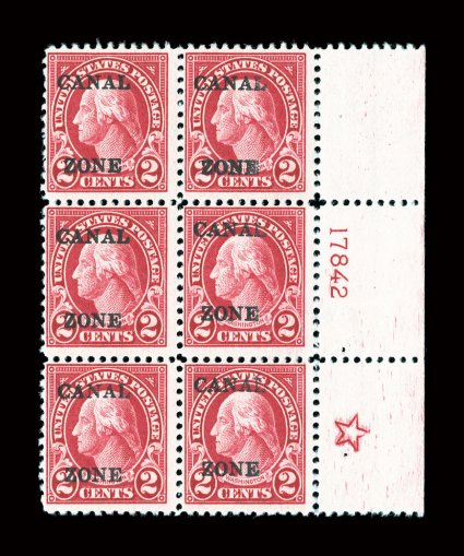 84, 2c Carmine, full right margin five pointed star and plate no. 17842 block of six, deep vibrant color, o.g., trivial h.r., fine a rare plate block.