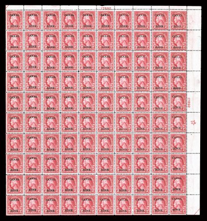 84, 2c Carmine, top right plate no. 17892 pane of 100, with five pointed star in right margin, mostly well centered, bright color, fresh o.g., most stamps n.h. including the
important right plate block (one of these stamps with small black o