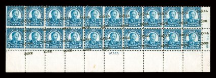 86 var., 5c Dark blue, with badly misplaced overprint, bottom right margin plate no. 16363 block of twenty, with the overprint shifted well to the right and also angled to the
bottom left, causing some split Zone Canal varieties at left, deep