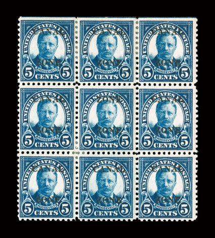 86a, 5c Dark blue, ZONE ZONE error, the error being the middle stamp in a block of nine, unusually well centered, strong rich color, o.g., a few h.r.s, very fine a rare error
that occurs only on position 18 in the lower right pane.