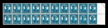 86b, 5c Blue, CANAL inverted, another example of this scarce error, also being in a top right margin block of twenty, deep rich color, o.g., a few h.r.s, two left stamps with
small thins, fine.