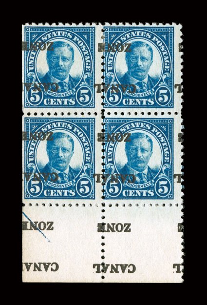 86c, 5c Dark blue, CANAL ZONE inverted, striking bottom left sheet-margin block of four, with the overprint not only inverted, but shifted as well and with additional strikes
in the large sheet selvage, intense color, o.g., tiny h.r., fine