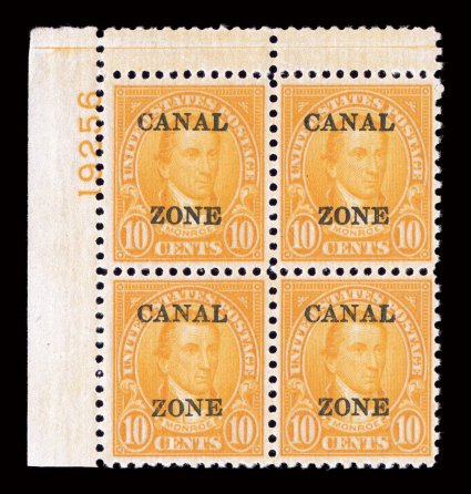 104, 10c Orange, top left corner plate no. 19256 block of four, extraordinarily well centered, deep radiant color, o.g., n.h., extremely fine an especially difficult plate
block to find in gem quality 2008 PF certificate.