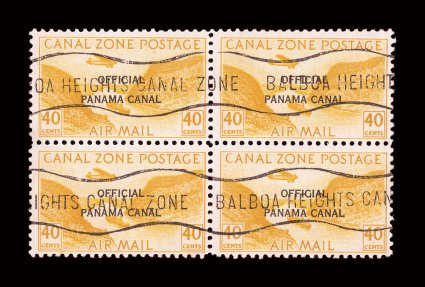 CO12, 40c Yellow, 17mm overprint, scarce block of four, usual wavy cancel, rich color, fine-very fine.
