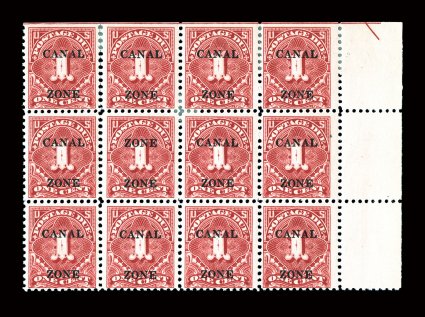 J18a, 1c Carmine rose, Zone Zone error, top right corner margin block of twelve, with part arrow in selvage, position 18 being the error stamp, rich color, full clean o.g., a
few minor hinge reinforcements, a very fine and handsome showpiece<