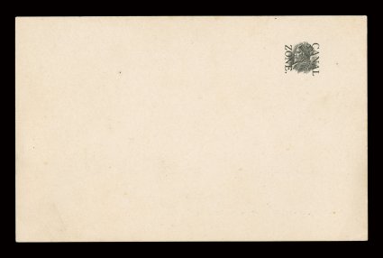 UX2, 1c Green and black postal card, head and overprint only printed, mint postal card with only the central vignette and Canal Zone overprint present, missing the green
frame, miniscule corner crease at bottom right, very fine while a few ex