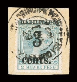 204, 3 cents. on 2m blue green, type l surcharge, position 4, perfectly centered within large margins, strong fresh color, tied to piece by c.d.s. postmark. extremely fine a
select used example of this scarce stamp signed Bartels and accom