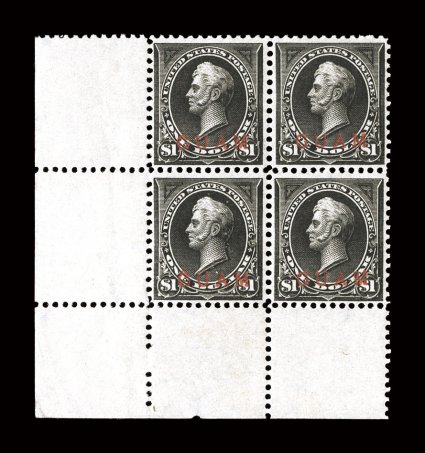 1-8, 10-12, E1, 1c-$1.00 Overprints, set of the twelve basic stamps to the territory in mint blocks of four, the $1.00 being a corner sheet-margin block, all o.g. except 2c no
gum, one 15c stamp with pulled perf. an resultant tiny thin, fine-ver