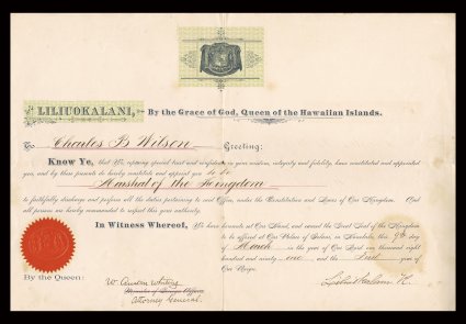 Kingdom of Hawaii royal document, measuring approximately 18 x 11 12, appointing Charles B. Wilson to be Marshal of the Kingdom, dated March 9, 1891 in the first year of her
reign, shortly after her ascension to the throne, signed Lili