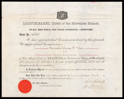Kingdom of Hawaii royal commission document appointing Charles B. Wilson as Knight Commander of Our Royal Order of Kalakaua, signed by the Queen herself Liliuokalani R. and
her husband and Prince Consort Jno. O. Dominis (John Owen Domi