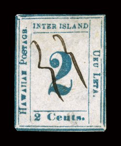 13, 2c Light blue on bluish white, Plate 3-A, Type II (position 2), close margins just touching the frame line in a couple places, strong color, ms. cancel, sealed tear at
right, fine appearance a very scarce stamp.