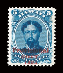 58, 5c Deep indigo Provisional Govt. issue, stunning mint single that possesses incredibly deep prooflike color and impression on fresh paper, plus it is marvelously well
centered within large margins, pristine o.g., n.h., extremely fine gem 20